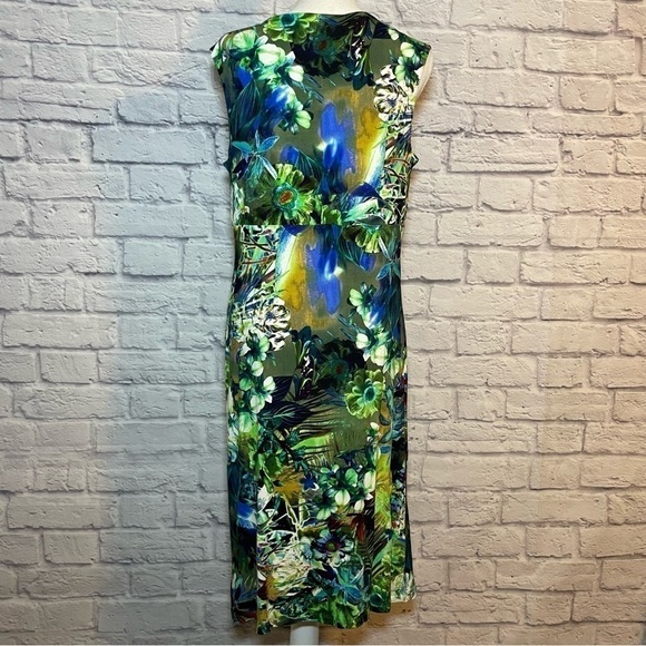 CARRE Noir Sleeveless Abstract Botanical Midi Dress Draped Neckline Size 14 - Picture 7 of 10